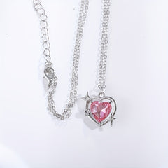 Y2K Love Heart Pendant Necklace Pink Crystal Punk Clavicle Chain