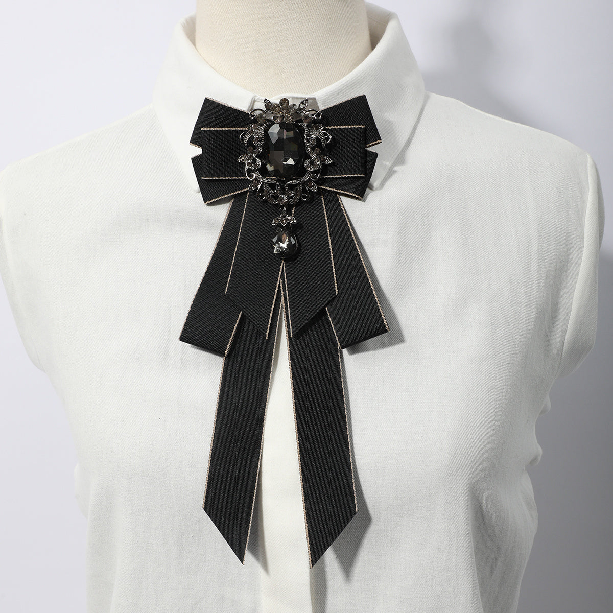 Layer Bow Tie Rhinestone Decor Necktie Womens Long Bowtie