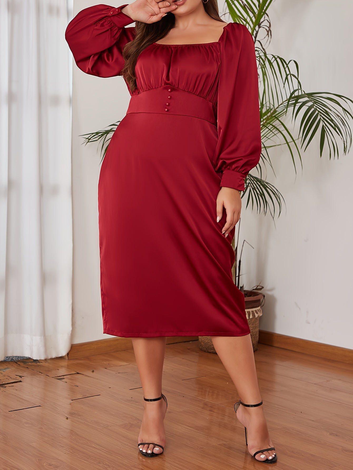  Satin Lantern Sleeve Midi Dress