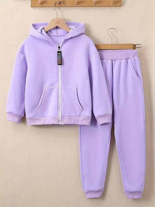 Girls 2pcs Fleece Hooded Sweatshirt Cardigan Sweatpants Set