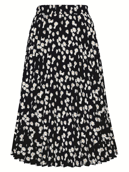 Boho High Waist Floral Print Pleated Skirt