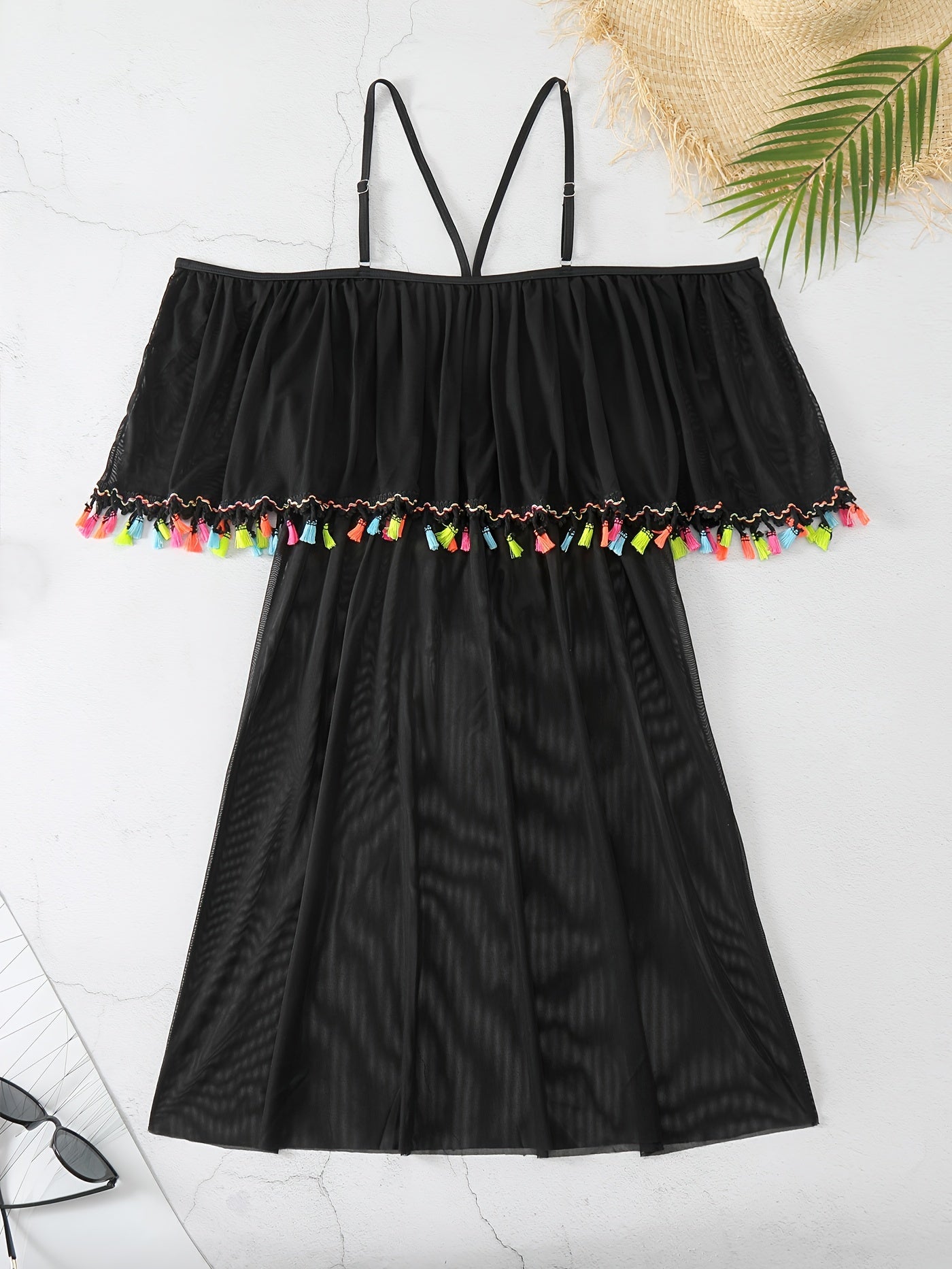  Colorful Tassel Trim Cold Shoulder Cover Up Dress