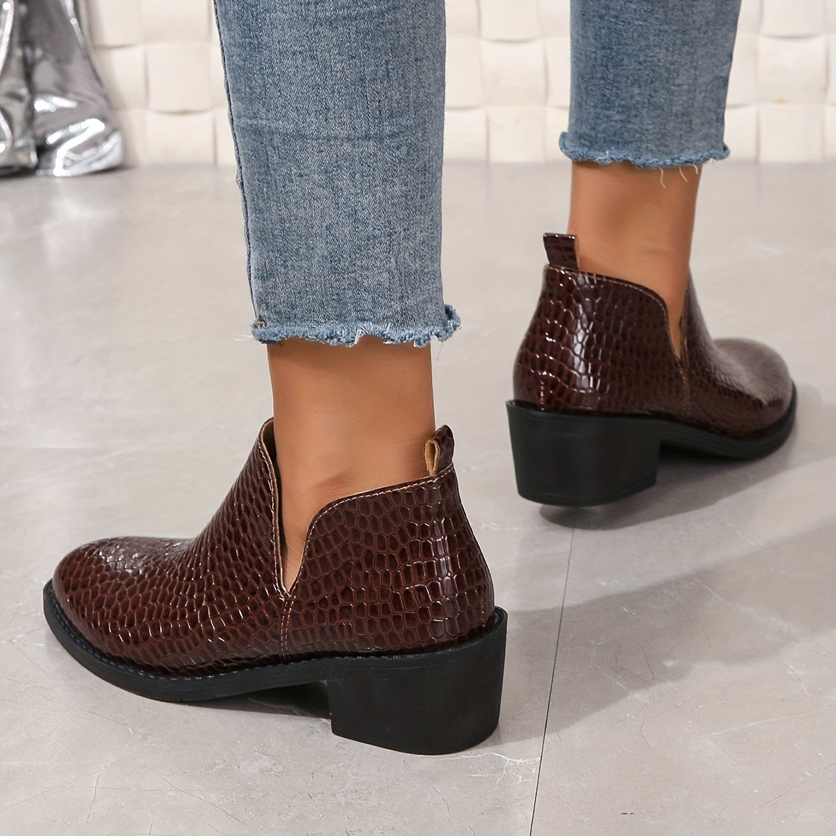 Crocodile Pattern Chunky Heel Ankle Boots