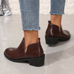 Crocodile Pattern Chunky Heel Ankle Boots