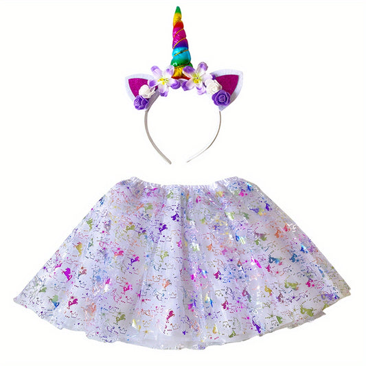 Girls' Rainbow Unicorn Headband & Skirt Set