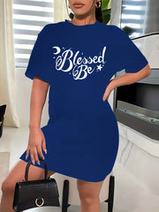  Slogan Print Short Sleeve Round Neck High Stretch Dress