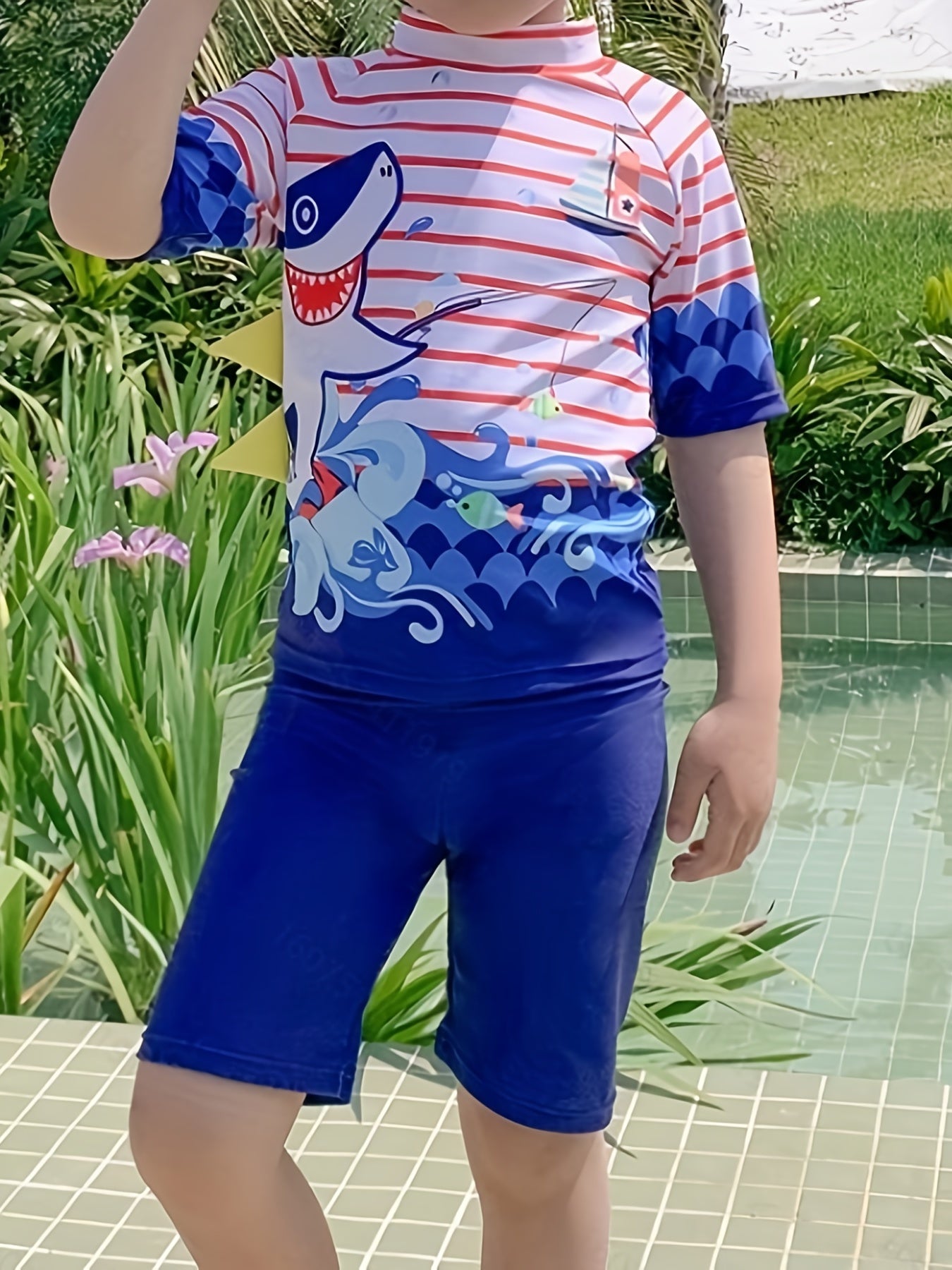 2pcs Boys Teen Shark Graphic Tshirt & Shorts Swimsuit For Summer Holiday