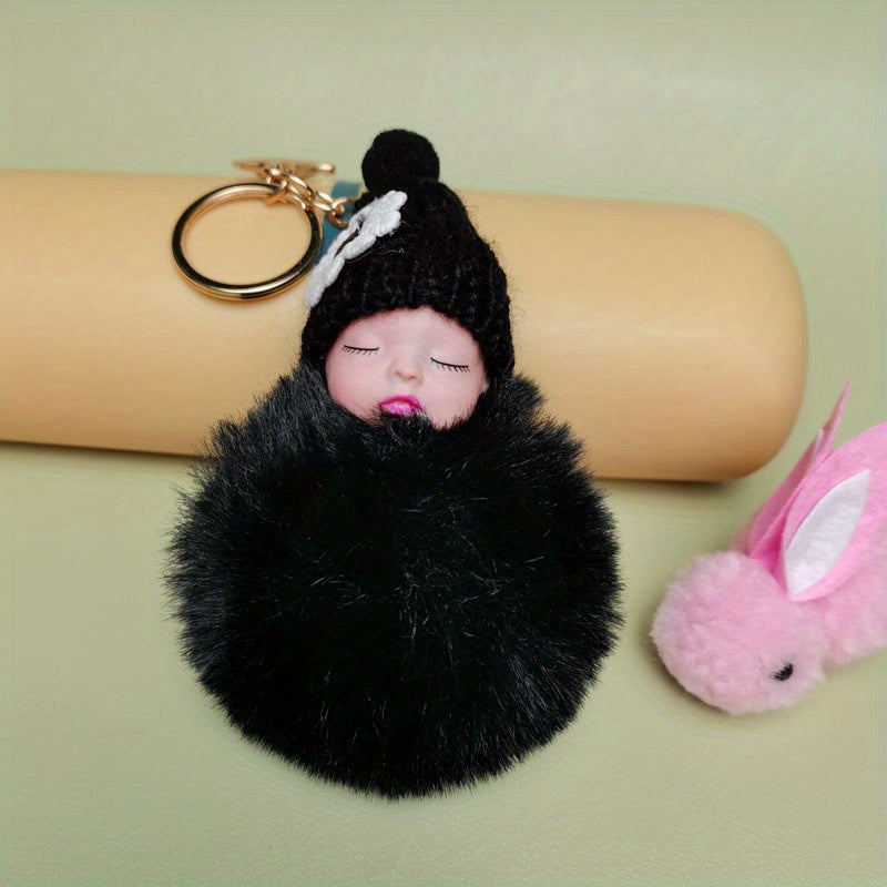 Cute Baby Doll Pom Pom Keychain Bag Charm Fluffy Fur Ball Pendant