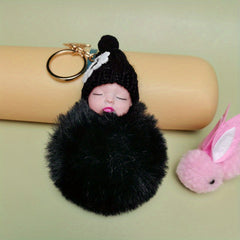 Cute Baby Doll Pom Pom Keychain Bag Charm Fluffy Fur Ball Pendant