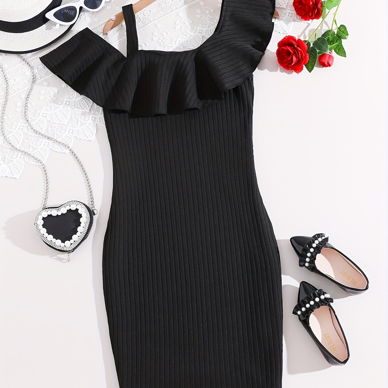 Girls One Shoulder Ruffle Collar Sleeveless Dress