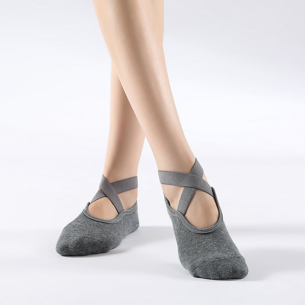 Non Slip Towel Bottom Socks Cross Lace for Yoga Pilates
