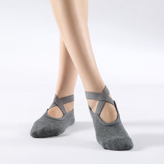 Non Slip Towel Bottom Socks Cross Lace for Yoga Pilates