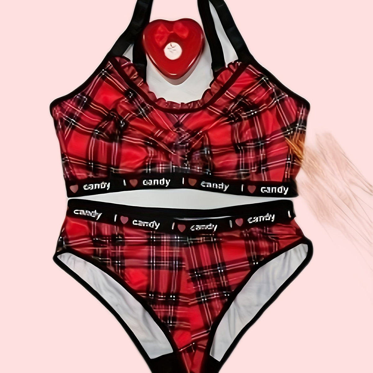  Sexy Lingerie Set Plaid Print Ruched Bra & Panty Christmas Two Piece