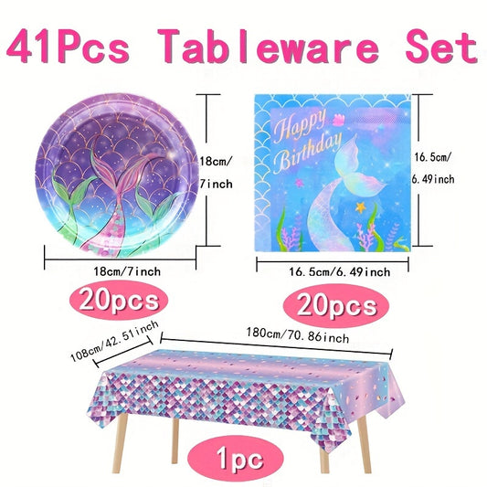 Mermaid Party Tableware Set for 20 Guests - Dinner Plates, Napkins, Tablecloth
