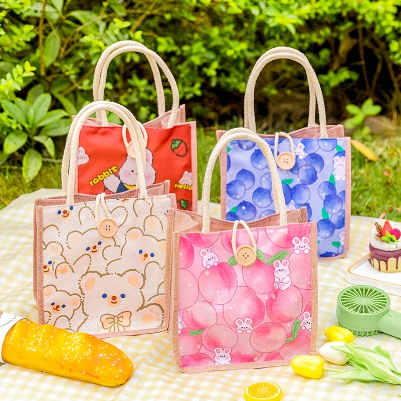 Cotton Linen Cartoon Insulated Lunch Bag