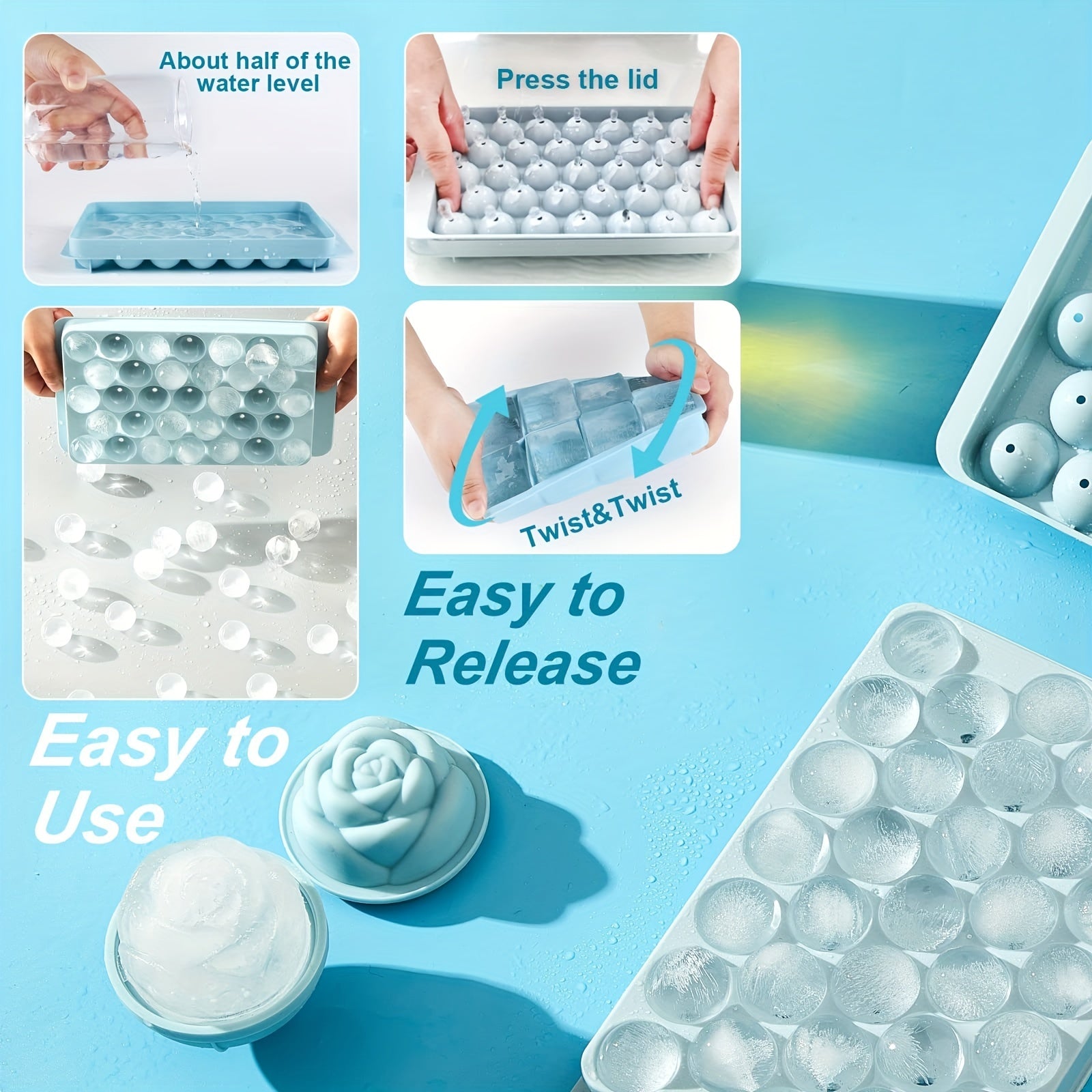 Ice Cube Mold Freezer Ice Tray W/ Scoop & Straw, Easy Release, Ice Box