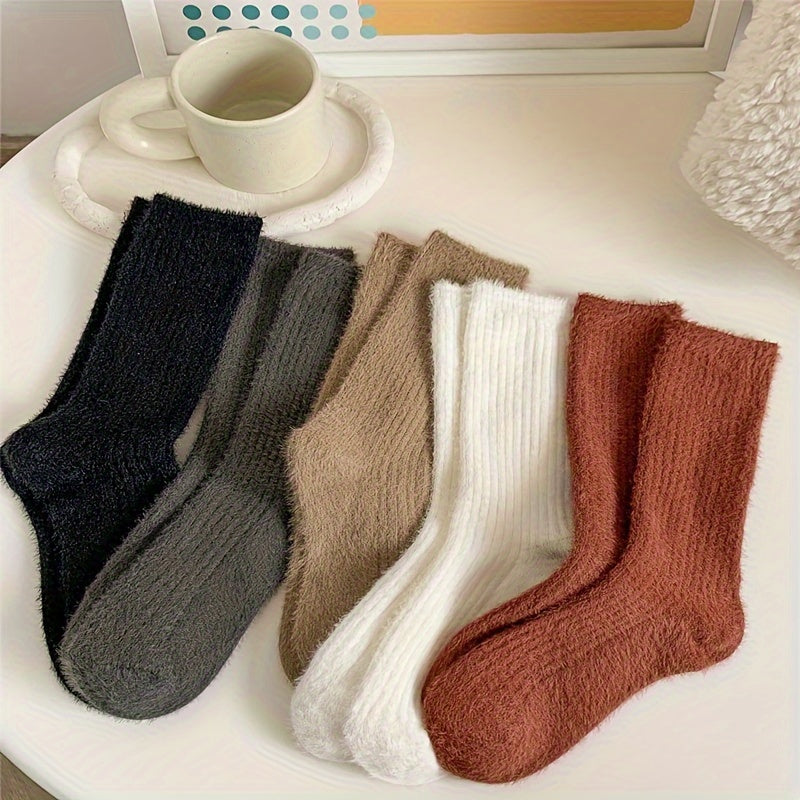 6 Pairs Solid Fuzzy Socks Mid Tube Women's Stockings