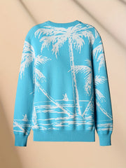 Coconut Tree Pattern Knitted Sweater Men's Casual Warm Crew Neck Pullover