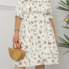  Floral Print Puff Sleeve Ruffle Trim Dress