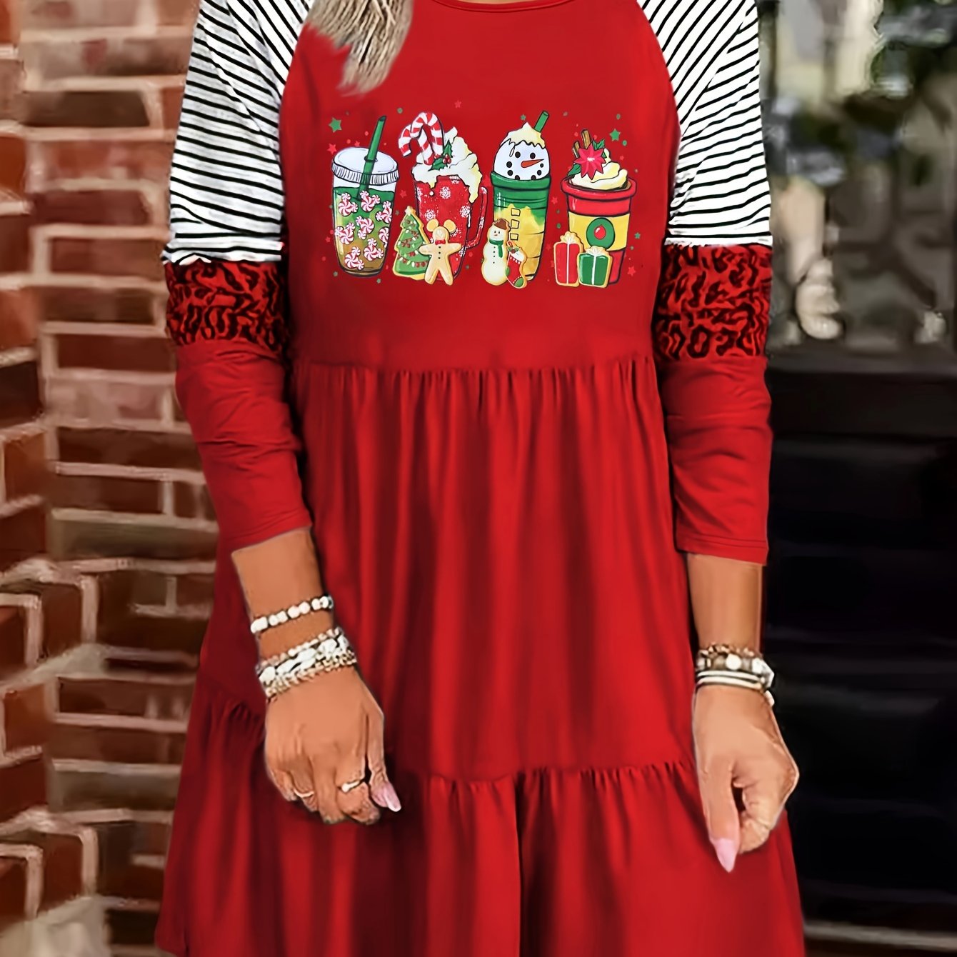  Christmas Coffee & Stripe Leopard Print Mini Dress