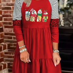  Christmas Coffee & Stripe Leopard Print Mini Dress