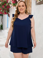  Solid V-Neck Ruffle Trim Cami Top & Shorts Set