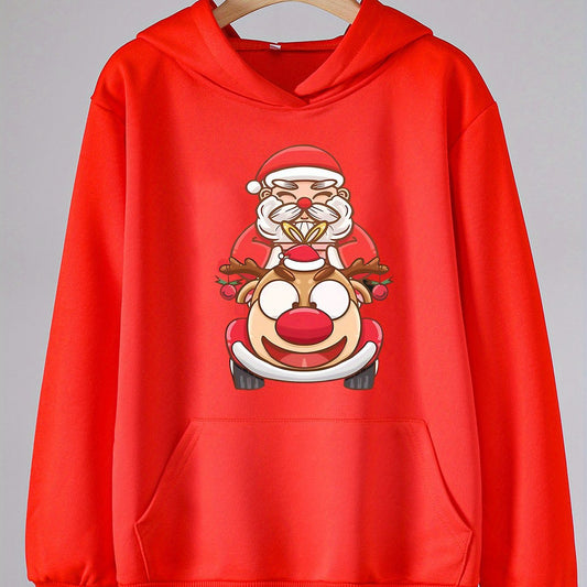 Santa And Elk Print Christmas Hoodie For Girls Kids