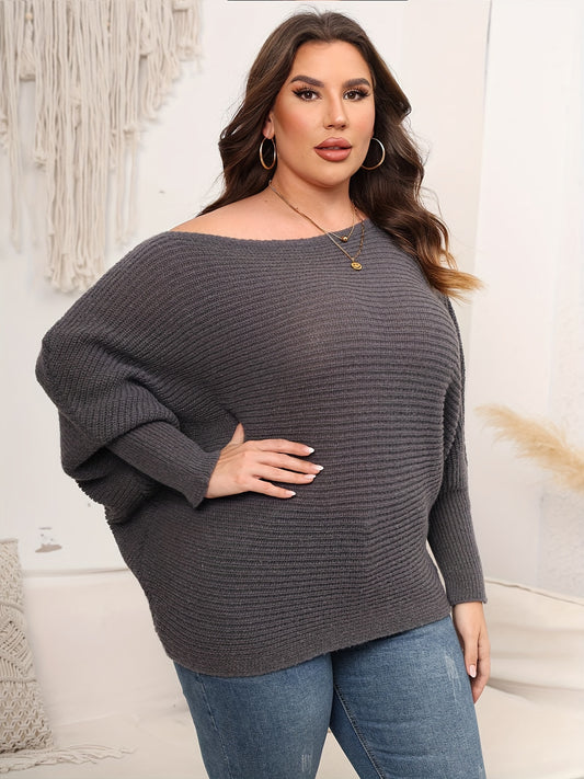  Solid Ribbed Batwing Sleeve Boat Neck Sweater