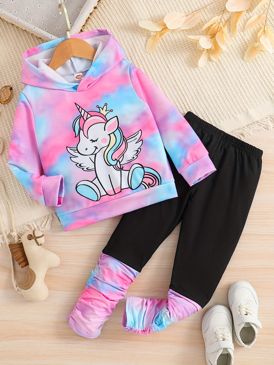 Girl's Unicorn Tie Dye 2pcs Hoodie & Pants Set for Spring Fall