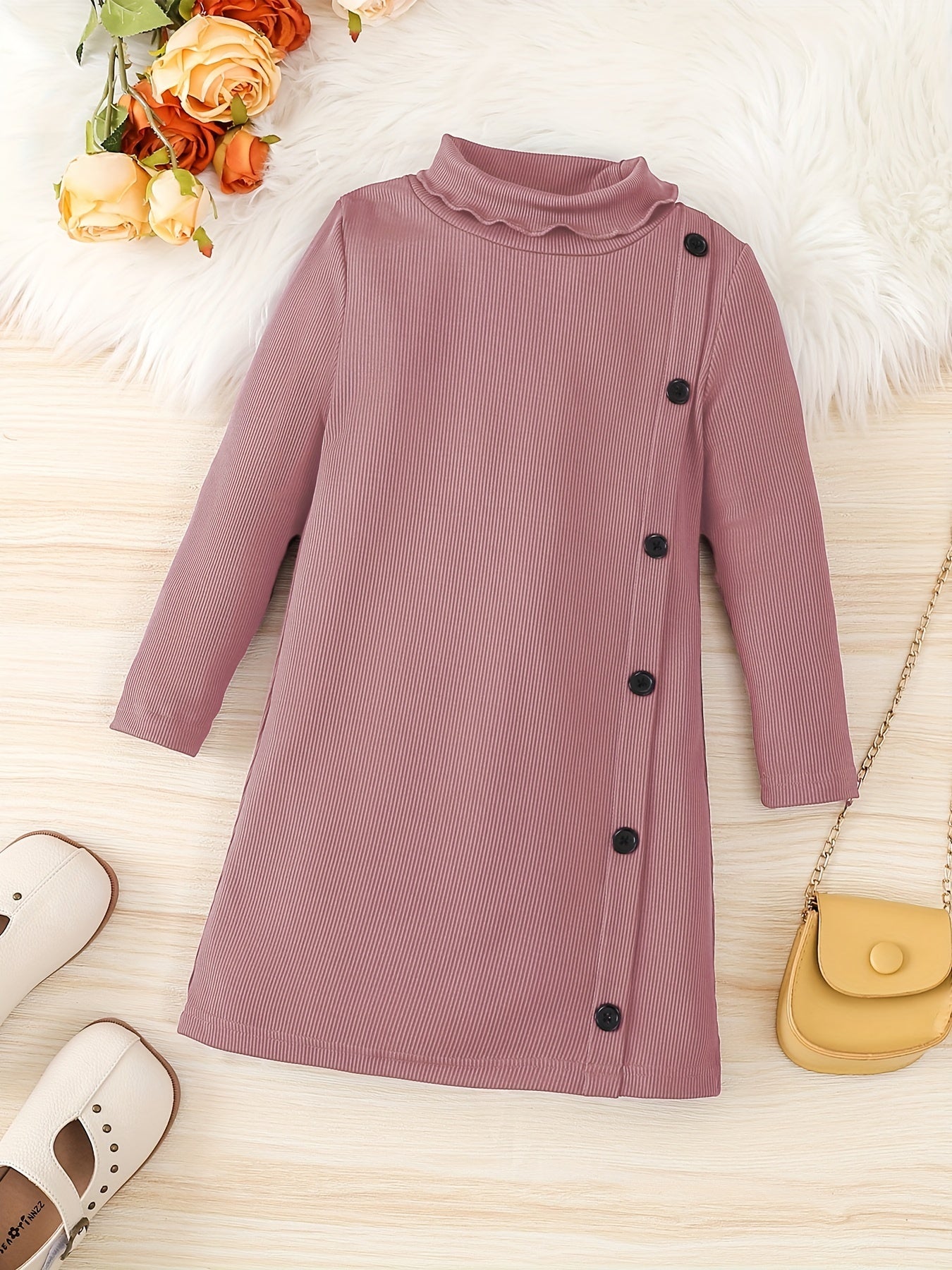 Girls' Turtleneck Side Button Decor Long Sleeve Sweater Dress