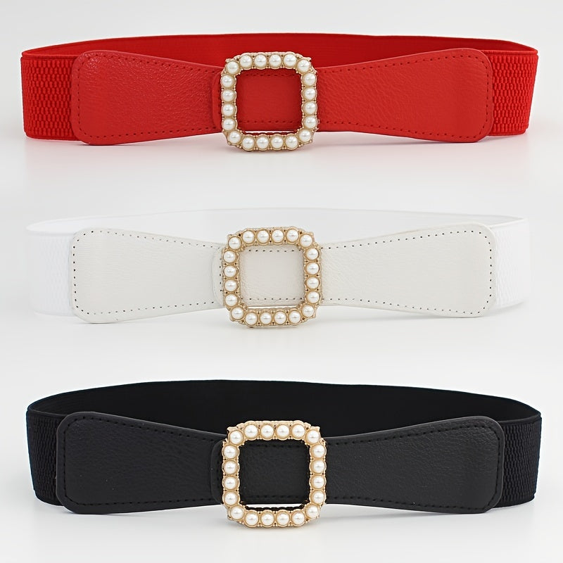 Women's Elastic Belt Square Pearls Buckle Waist Slimming Girdle