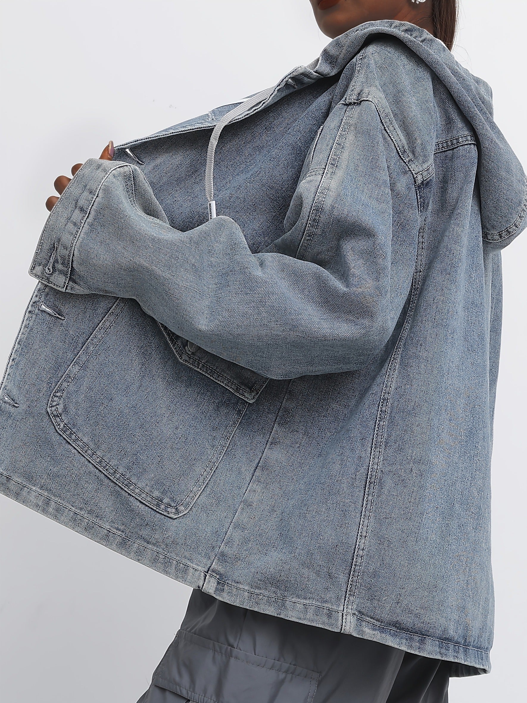  Casual Denim Top Solid Hooded Drawstring Jacket