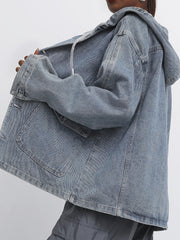  Casual Denim Top Solid Hooded Drawstring Jacket