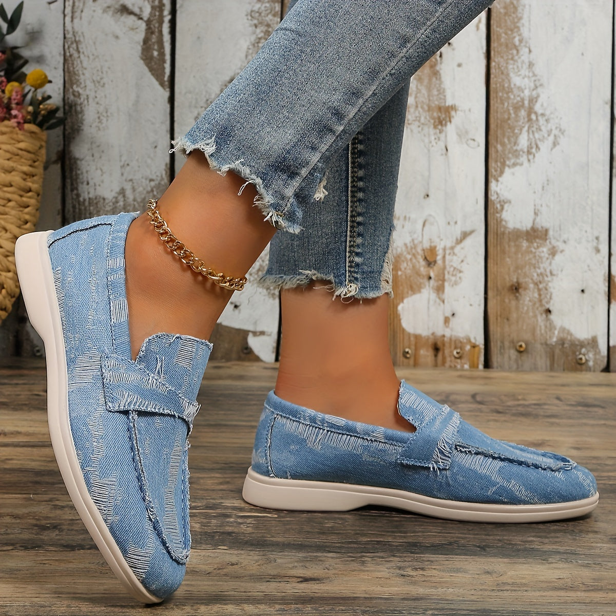 Women's Denim Flat Loafers Slip On Walking Shoes Casual Flats