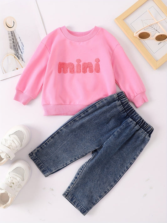 Infant Baby Spring Autumn Letter Sweatshirt Denim Trousers Set