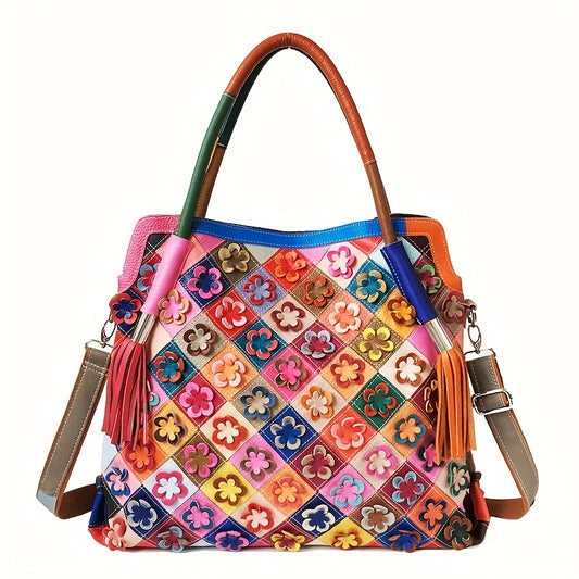 Vintage 3D Flower Embroidery Tote Bag with Colorblock Patchwork Design