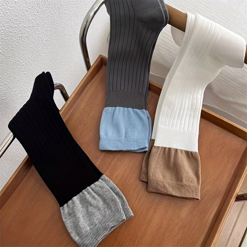 3 Pairs Colorblock Calf Socks All match Knee High Socks