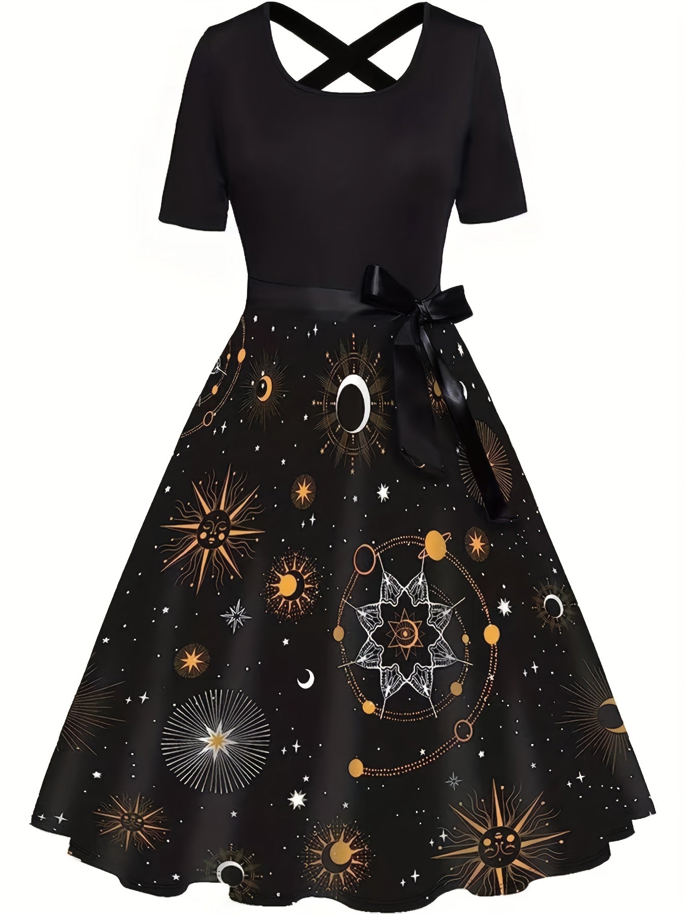 Colorblock Moon & Sun Print Short Sleeve Dress
