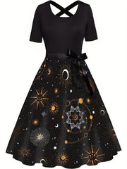 Colorblock Moon & Sun Print Short Sleeve Dress