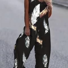 Feather Print Tank Jumpsuit Sleeveless Casual Jumpsuit