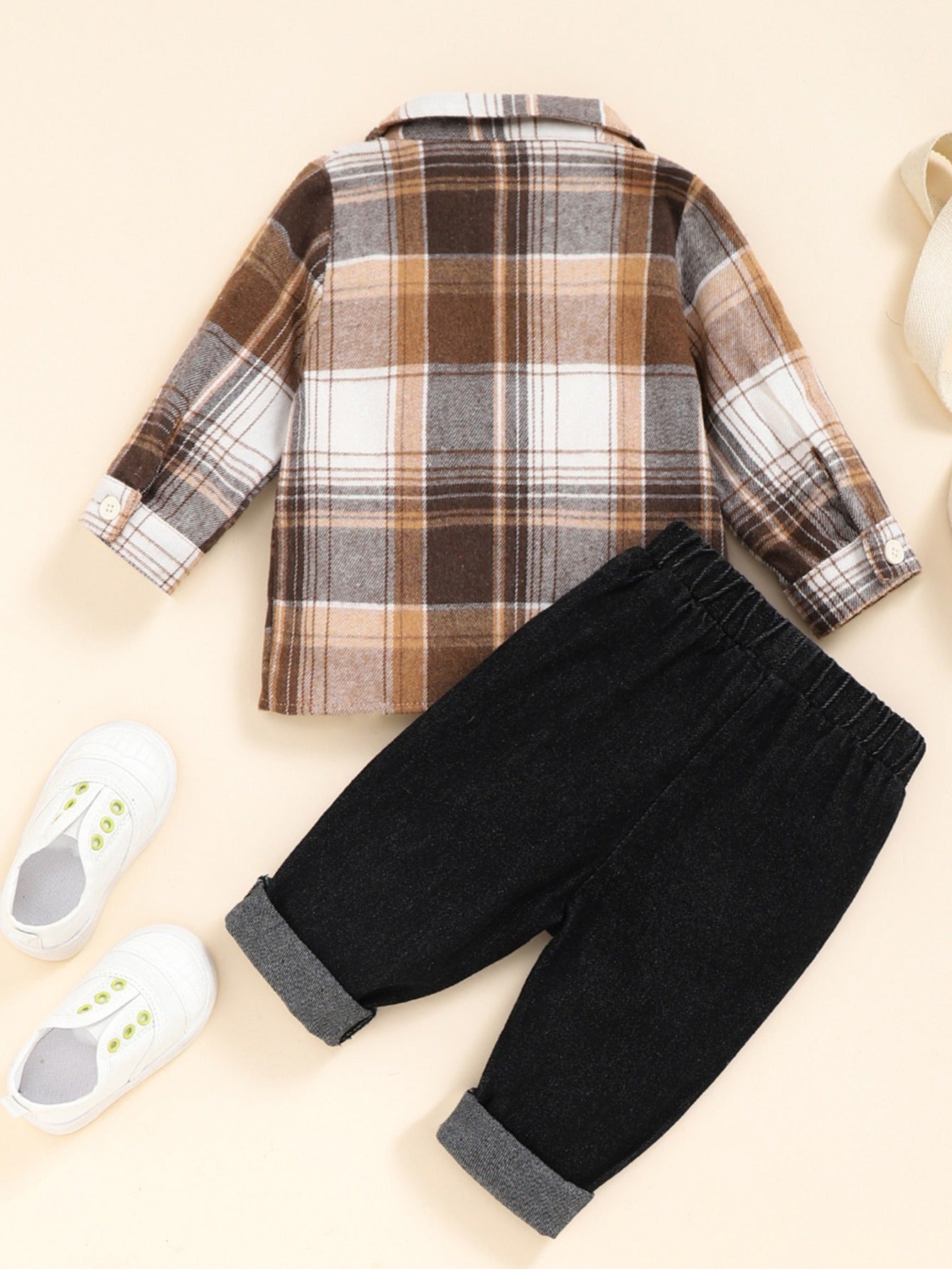 2pc Baby Boys Plaid Shirt & Ripped Denim Jeans Set Toddler Clothes