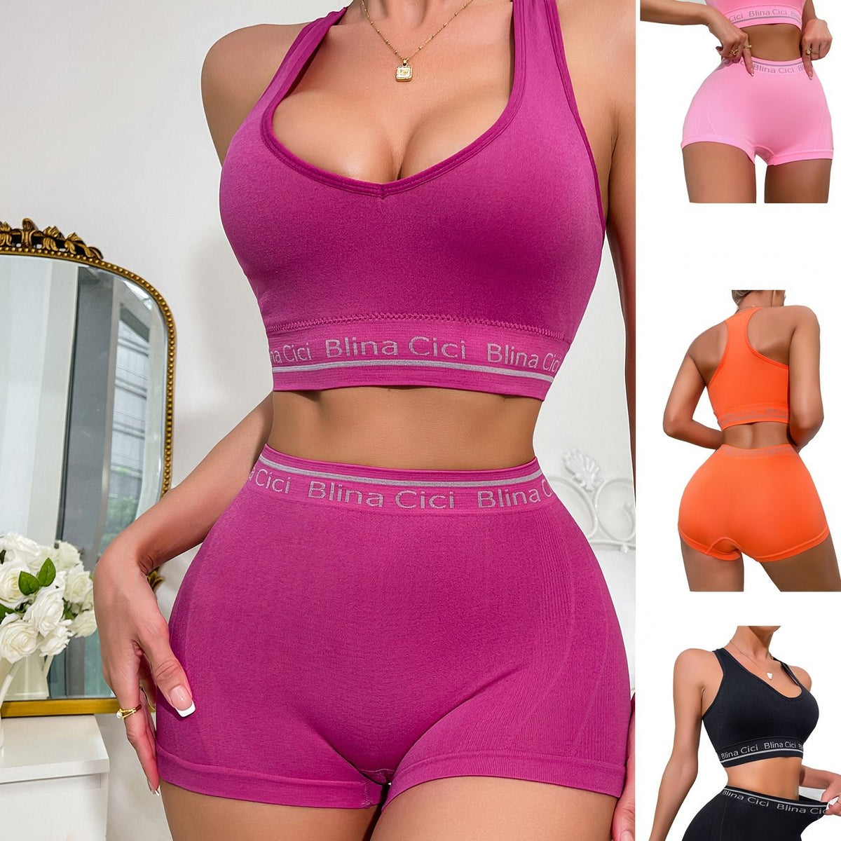 Letter Print Bra & Panties Set Push Up Sports Bra & Elastic Panties Lingerie