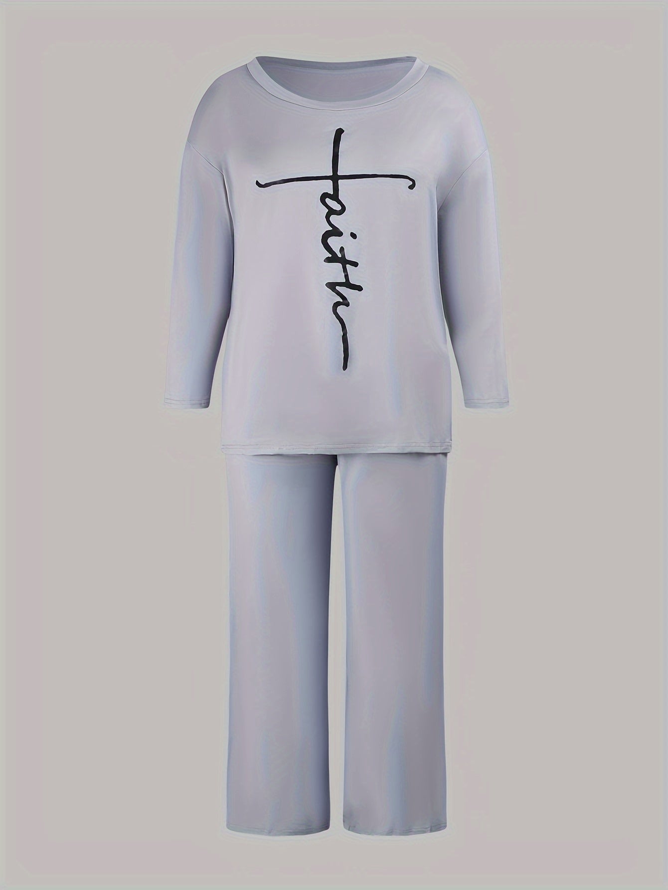  Letter Print Long Sleeve Top & Wide Leg Pants Set