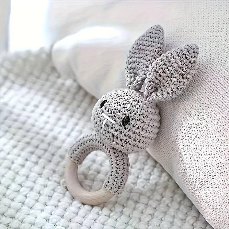 Gray Rabbit Rattle Toy with Wooden Beads Baby Sensory Developmental