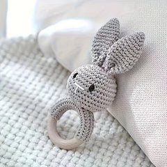 Gray Rabbit Rattle Toy with Wooden Beads Baby Sensory Developmental
