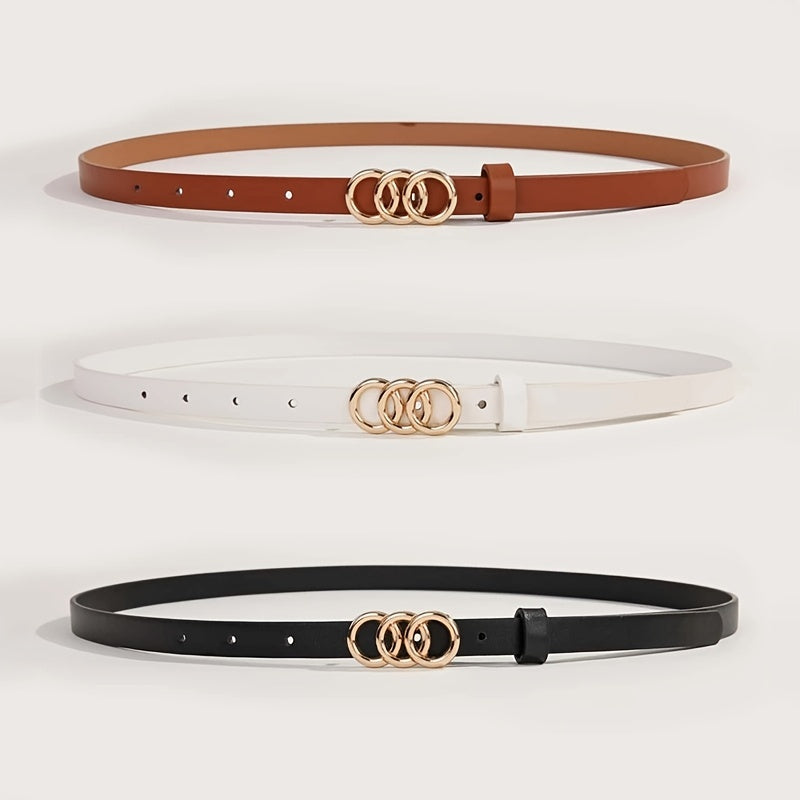 Triple Rings Buckle Belt Set PU Leather Thin Belt Casual Pin Waist Bands