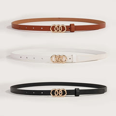 Triple Rings Buckle Belt Set PU Leather Thin Belt Casual Pin Waist Bands