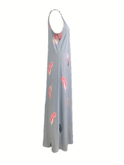  Summer Dress Women's Feather Print V Neck Maxi Dress