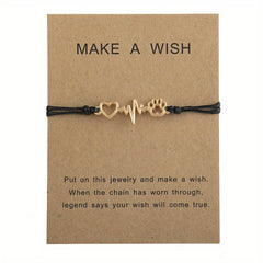Dog Paw & Love Heart Bracelet Adjustable Rope Hand Jewelry