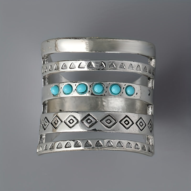 Vintage Wide Ring 925 Silver Plated Turquoise Inlaid Hollow Design